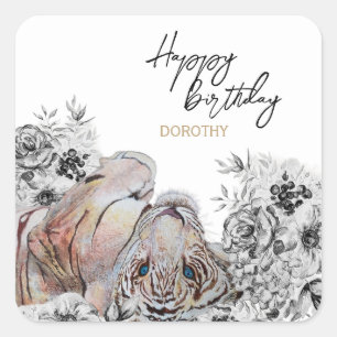 Elegant Tiger Botanical Floral Birthday Vierkante Sticker