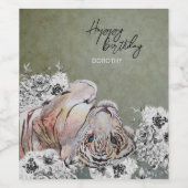 Elegant Tiger Botanical Floral Sage Gold Birthday Wijn Etiket (Enkel label)