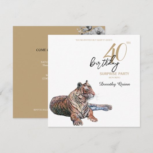 Elegant Tiger Floral Surprise Birthday Party Kaart (Voorkant / Achterkant)
