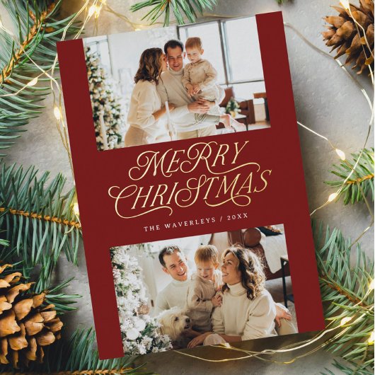 Elegant tijdloos script vrolijke kerstfoto folie feestdagen briefkaart