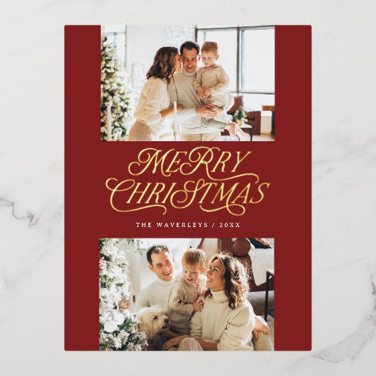 Elegant tijdloos script vrolijke kerstfoto folie feestdagen briefkaart (Voorkant)