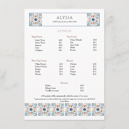 Elegant Tile Design Restaurant Lunch Menu (Voorkant)