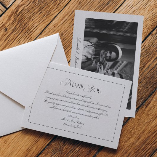 Elegant Timeless Black and White Wedding Photo Bedankkaart