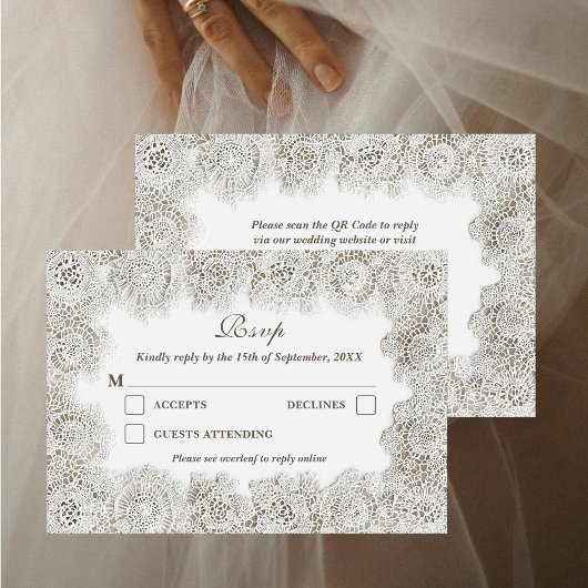 Elegant Timeless Lace Frame QR Code Wedding  RSVP Kaartje