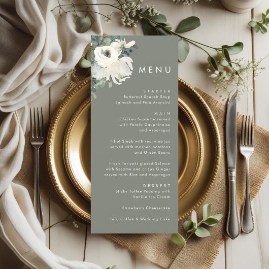 Elegant Timeless Olive Green Floral Wedding  Menu