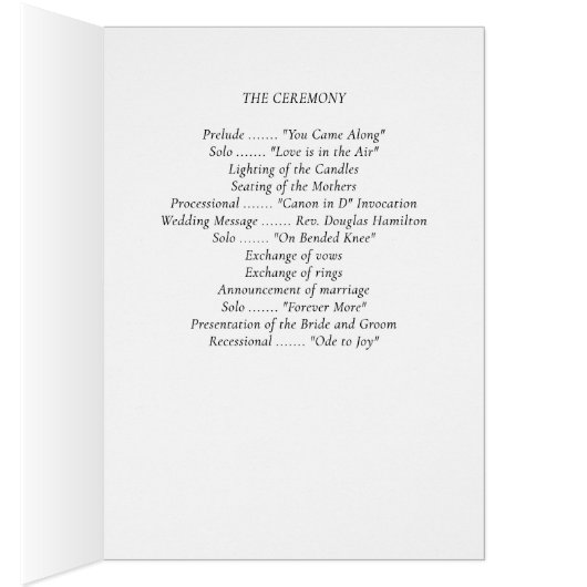Elegant Timeless White Wedding Program Note Cards (Binnen (Rechts))