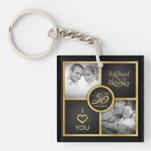 Elegant "toen en nu" Black en Gold 50th Wedding Sleutelhanger