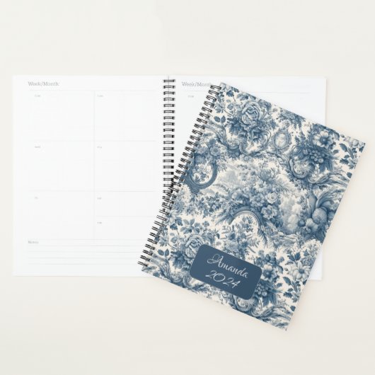 Elegant  toile de jouy blauw monogram planner (Display)