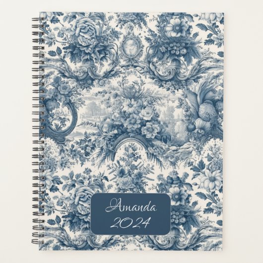 Elegant toile de jouy blauw monogram planner (Voorkant)