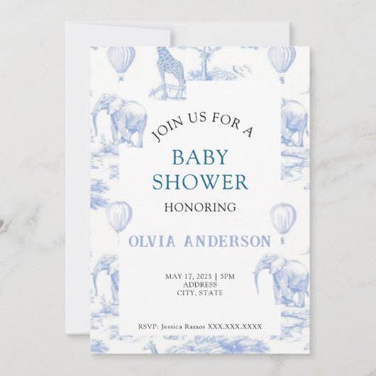 Elegant Toile de Jouy Blue Baby shower Uitnodiging (Voorkant)