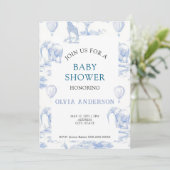Elegant Toile de Jouy Blue Baby shower Uitnodiging (Staand voorkant)