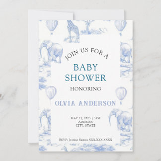 Elegant Toile de Jouy Blue Baby shower Uitnodiging