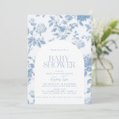 Elegant Toile de Jouy Blue Hydrangea Baby shower Kaart (Staand voorkant)