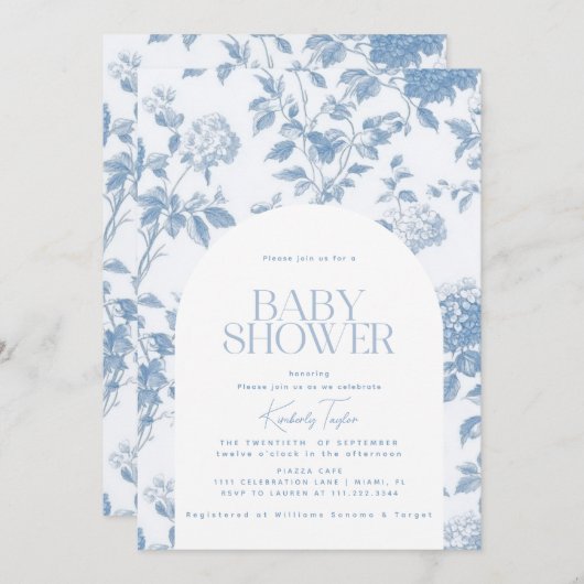 Elegant Toile de Jouy Blue Hydrangea Baby shower Kaart (Voorkant / Achterkant)