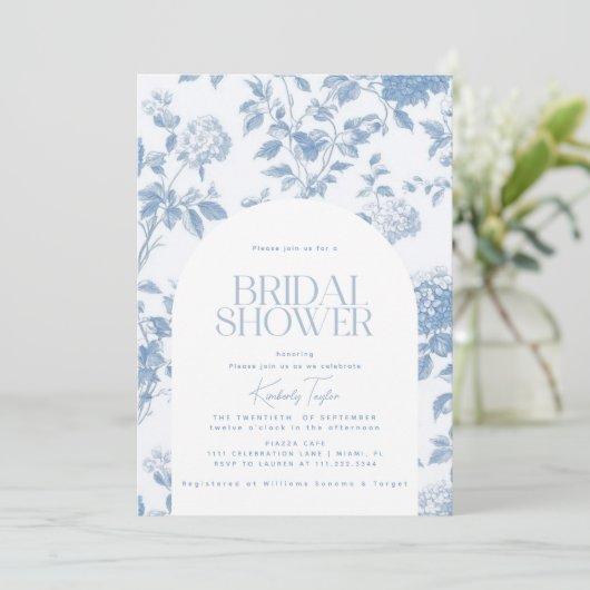 Elegant Toile de Jouy Blue Hydrangea Vrijgezellenf Kaart (Staand voorkant)