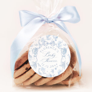 Elegant Toile de Jouy Safari Blauw Baby shower Ronde Sticker