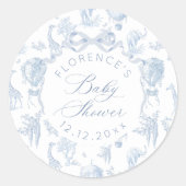 Elegant Toile de Jouy Safari Blauw Baby shower Ronde Sticker (Voorkant)