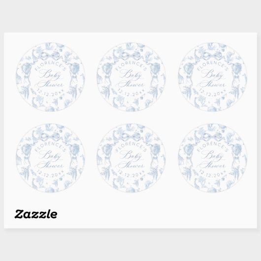 Elegant Toile de Jouy Safari Blauw Baby shower Ronde Sticker (Vel)