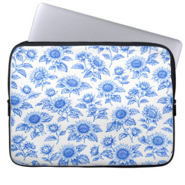 Elegant Toile du Jouy Sunflowers – Blue Botanical  Laptop Sleeve