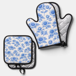 Elegant Toile du Jouy Sunflowers – Blue Botanical  Ovenwant & Pannenlap Set