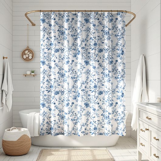 Elegant Toile Floral Pattern Blue and White Douchegordijn