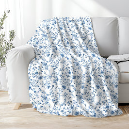 Elegant Toile Floral Pattern Blue and White Fleece Deken
