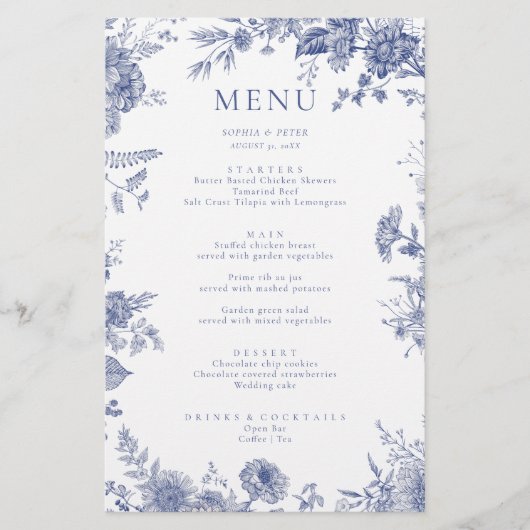 Elegant Toile Frans Blauw Bloemen Menu Kaart (Voorkant)