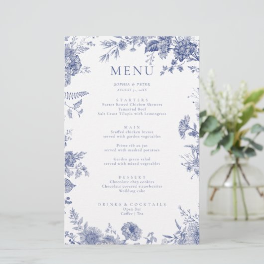 Elegant Toile Frans Blauw Bloemen Menu Kaart (Staand voorkant)