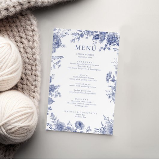 Elegant Toile Frans Blauw Bloemen Menu Kaart