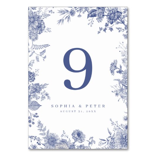 Elegant Toile Frans Blauw Bloemen Tafelnummer (Voorkant)