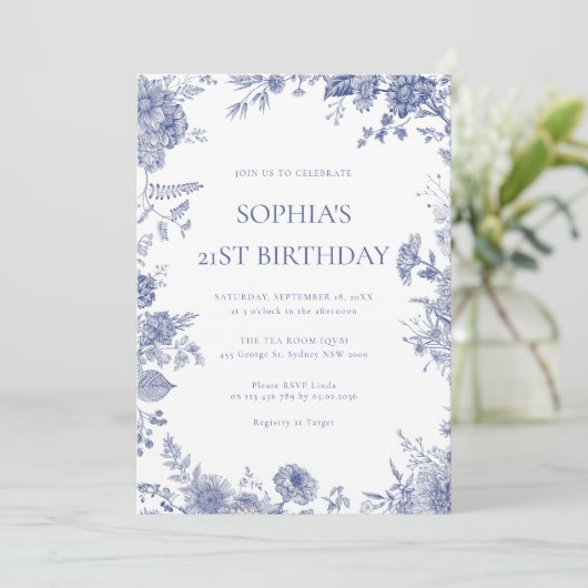 Elegant Toile Frans Blauw Toile 21e verjaardag Kaart (Staand voorkant)