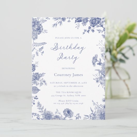 Elegant Toile Frans Blauw toile verjaardagsfeestje Kaart (Staand voorkant)