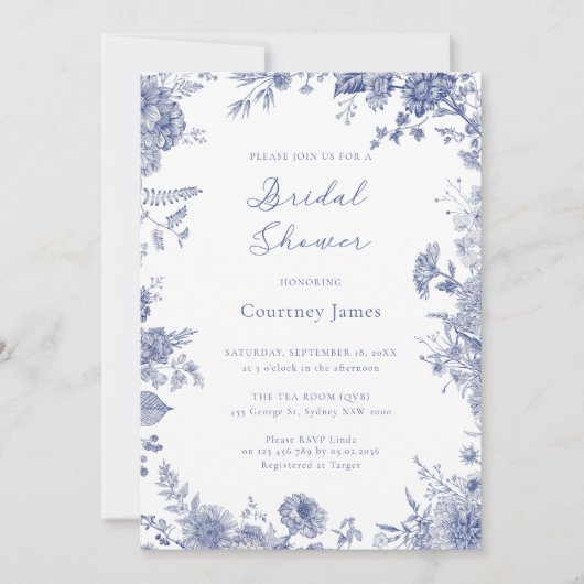 Elegant Toile Frans Blauw Vrijgezellenfeest Kaart (Voorkant)