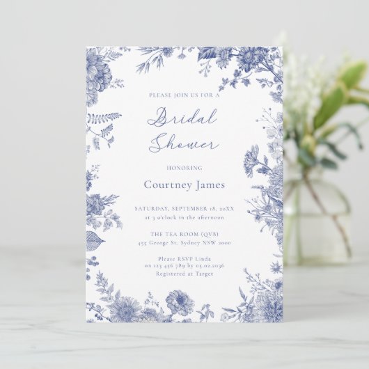 Elegant Toile Frans Blauw Vrijgezellenfeest Kaart (Staand voorkant)