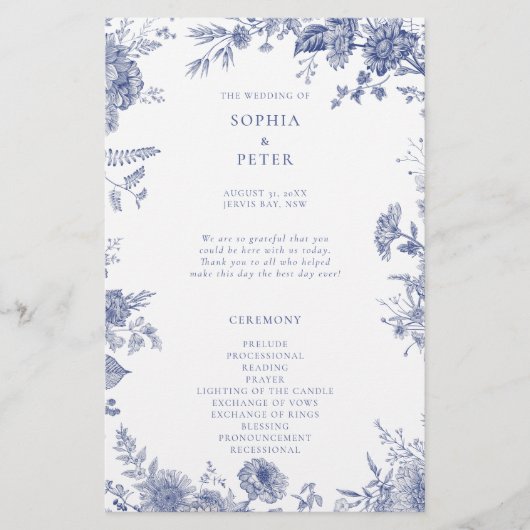 Elegant Toile Franse Blauwe Bloemen Ceremonie Prog (Voorkant)