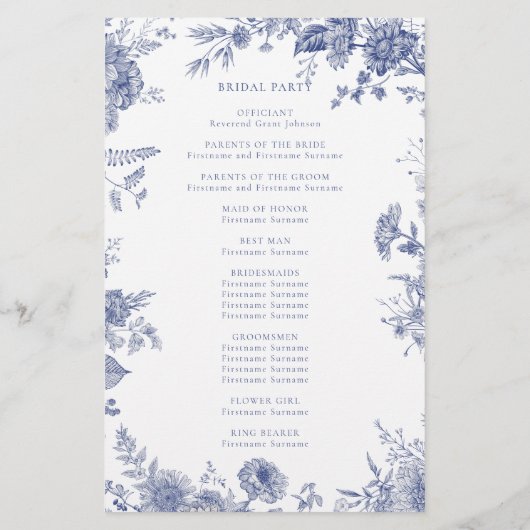 Elegant Toile Franse Blauwe Bloemen Ceremonie Prog (Achterkant)