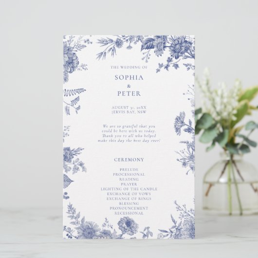 Elegant Toile Franse Blauwe Bloemen Ceremonie Prog (Staand voorkant)
