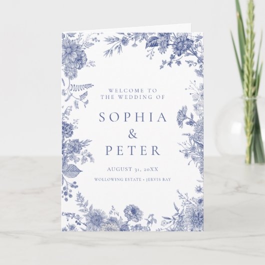 Elegant Toile Franse Blauwe Bloemen Ceremonie Prog Bedankkaart (Voorkant)