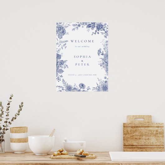 Elegant Toile Franse Blauwe Bloemen Welkomstbord Poster (Keuken)