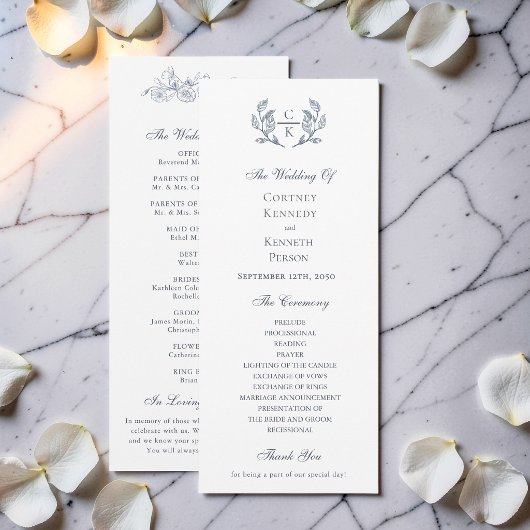 Elegant toile monogram blauwe kam weddingprogramma