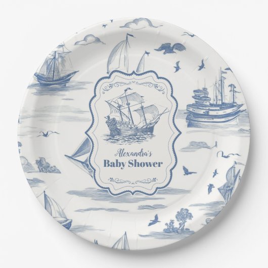 Elegant Toile Nautisch Baby shower Papieren Bordje (Voorkant)