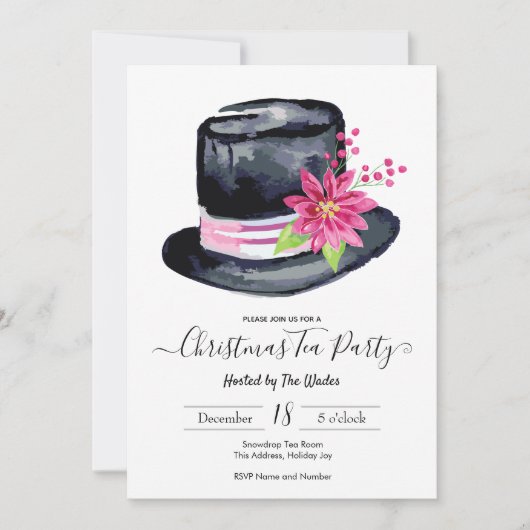 Elegant Top Hat en Poinsettia Kersttheefeest Kaart (Voorkant)