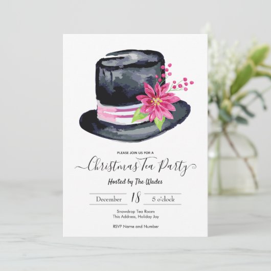 Elegant Top Hat en Poinsettia Kersttheefeest Kaart (Staand voorkant)