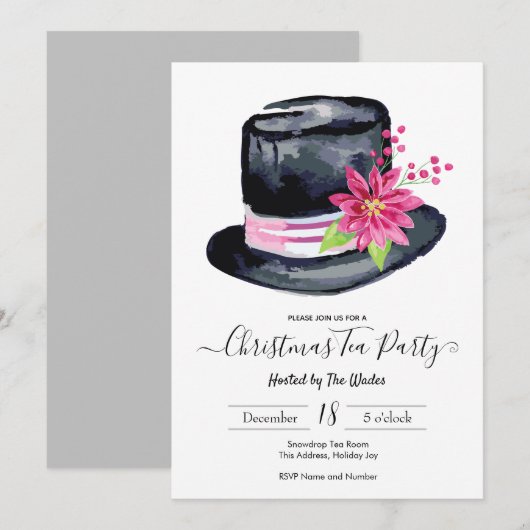Elegant Top Hat en Poinsettia Kersttheefeest Kaart (Voorkant / Achterkant)