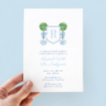 Elegant Topiary Monogram Passen getrouwd Brunch Pa Kaart<br><div class="desc">Blauwe en witte reuzenvaas gevuld met vette zonnebloemen tegen blauwe en witte floralen en een "Griekse sleutel"-patroonbacker. Ik heb de sjabloon ingesteld voor een Pas getrouwd Brunch, maar alle tekstvelden kunnen aan uw behoeften worden aangepast. Op het omgekeerde, kunt u de contrastkleur (hier getoond als donkerblauw) in om het even...</div>