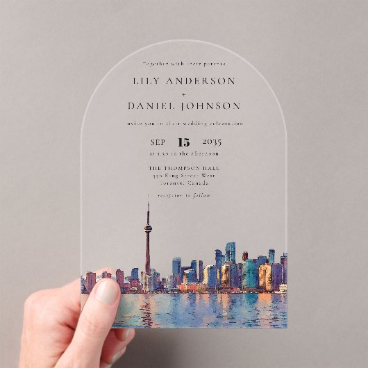 Elegant Toronto Skyline Watercolor Wedding Arch Acryl Uitnodigingen (Insitu (Draagbaar))