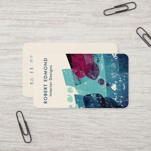 Elegant Torquoise Blue en Burgundy Abstract QR Visitekaartje (Voorkant / Achterkant in situ)