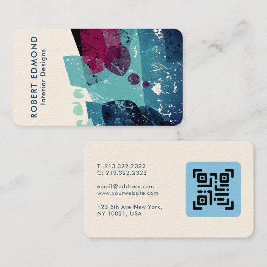Elegant Torquoise Blue en Burgundy Abstract QR Visitekaartje (Voorkant / Achterkant)
