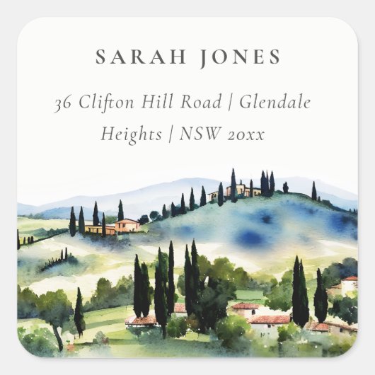 Elegant Toscane Italië Waterverf Landschap Adres Vierkante Sticker (Voorkant)