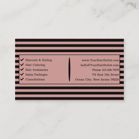 Elegant Toscane Roze en Zwart Gestreept Haar Salon Visitekaartje (Achterkant)